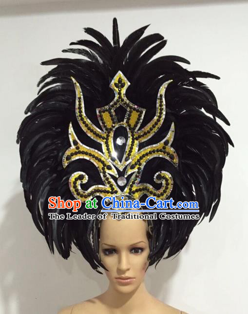 Brazilian Carnival Catwalks Black Ostrich Feather Headdress Rio Samba Dance Deluxe Hair Accessories for Women