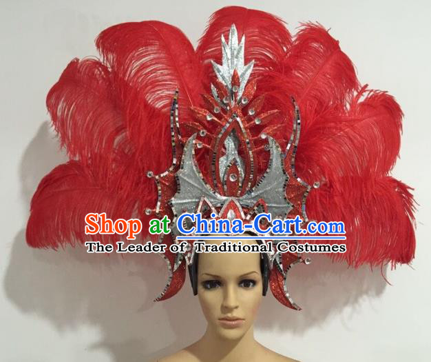 Brazilian Carnival Catwalks Red Ostrich Feather Headdress Rio Samba Dance Deluxe Hair Accessories for Women