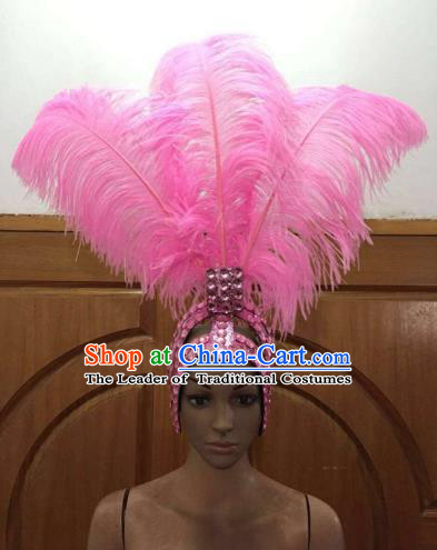 Top Grade Handmade Catwalks Hair Accessories Brazilian Rio Carnival Samba Dance Pink Feather Headdress for Women