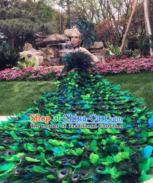 Brazilian Rio Carnival Samba Dance Costumes Catwalks Green Feather Peacock Trailing Dress for Women