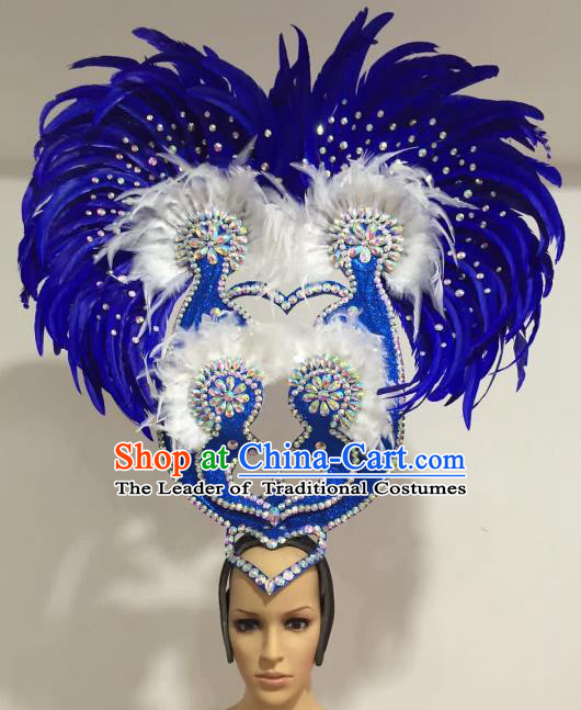 Brazilian Carnival Catwalks Royalblue Feather Peacock Headdress Rio Samba Dance Deluxe Hair Accessories for Women