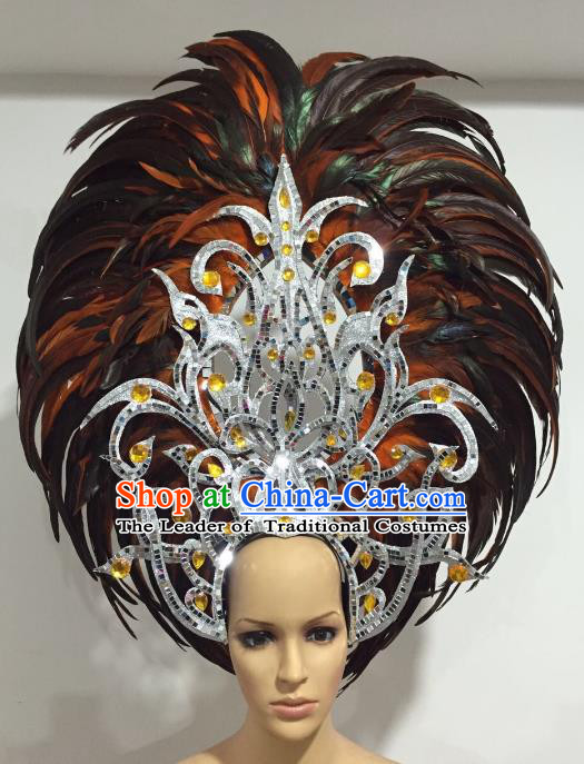 Brazilian Carnival Catwalks Black and Orange Feather Peacock Headdress Rio Samba Dance Deluxe Hair Accessories for Women