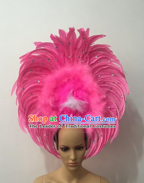 Handmade Catwalks Hair Accessories Brazilian Rio Carnival Samba Dance Pink Feather Headdress for Women