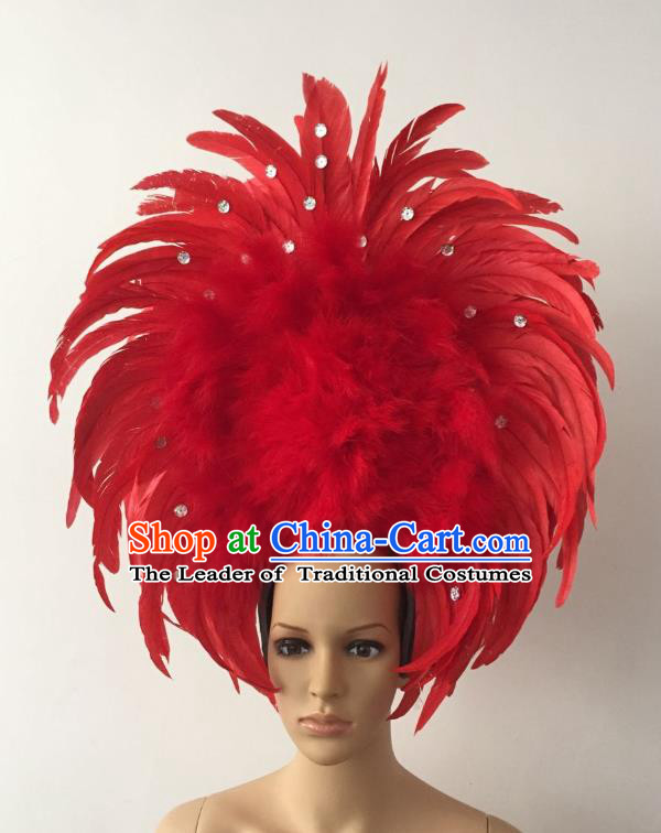 Handmade Catwalks Hair Accessories Brazilian Rio Carnival Samba Dance Red Feather Headdress for Women