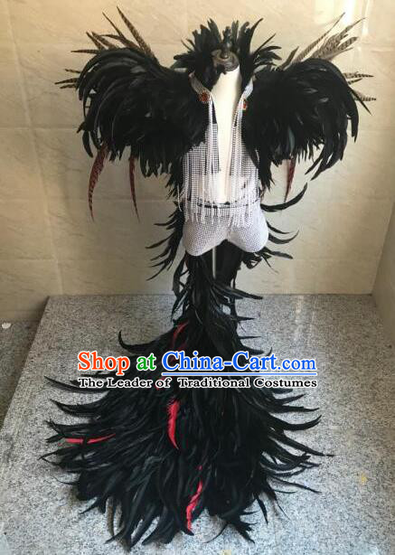 Brazilian Rio Carnival Samba Dance Costumes Catwalks Black Feather Trailing Clothing for Kids