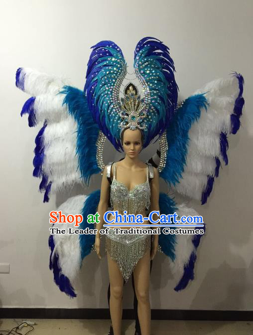 Brazilian Rio Carnival Samba Dance Costumes Catwalks Blue Butterfly Feather Wings Swimsuit and Headwear for Women