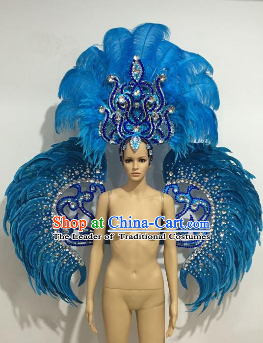 Brazilian Catwalks Headdress and Props Rio Carnival Samba Dance Blue Feather Wings and Headwear for Women