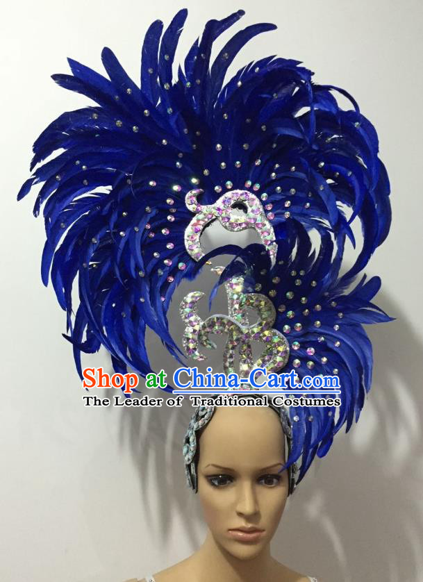 Handmade Samba Dance Deluxe Royalblue Feather Hair Accessories Brazilian Rio Carnival Headdress for Women