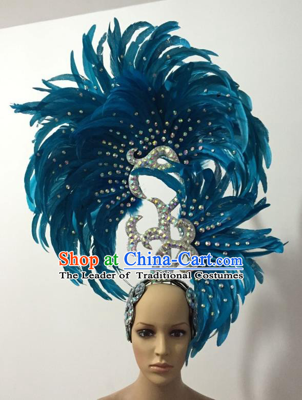 Handmade Samba Dance Deluxe Blue Feather Hair Accessories Brazilian Rio Carnival Headdress for Women