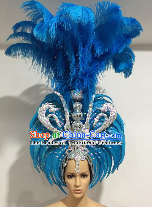 Brazilian Carnival Catwalks Blue Feather Headdress Rio Samba Dance Deluxe Hair Accessories for Women