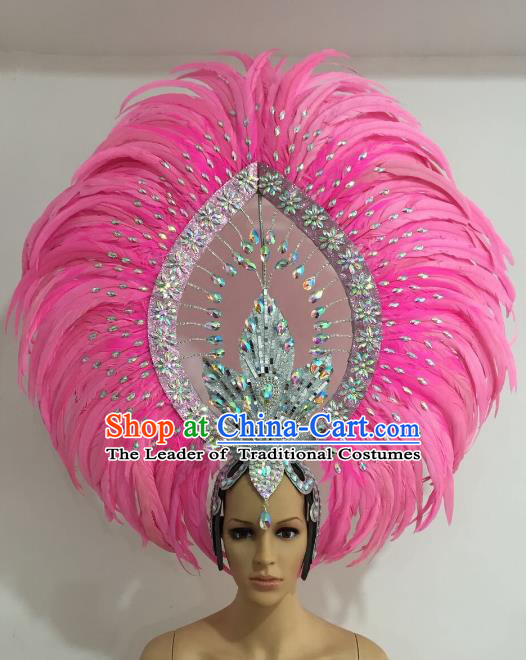 Brazilian Carnival Catwalks Pink Feather Diamante Headdress Rio Samba Dance Deluxe Hair Accessories for Women