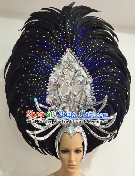 Top Grade Brazilian Carnival Catwalks Black Feather Headdress Rio Samba Dance Miami Deluxe Hair Accessories for Women