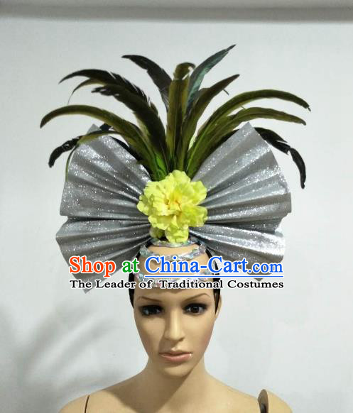 Top Grade Brazilian Carnival Catwalks Green Feather Headdress Rio Samba Dance Miami Deluxe Hair Accessories for Women