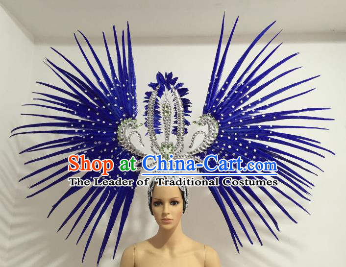 Brazilian Carnival Rio Samba Dance Royalblue Feather Headdress Miami Catwalks Deluxe Hair Accessories for Women