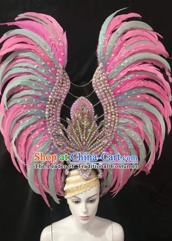 Brazilian Rio Carnival Samba Dance Deluxe Pink and Green Feather Headdress Stage Performance Hair Accessories for Women