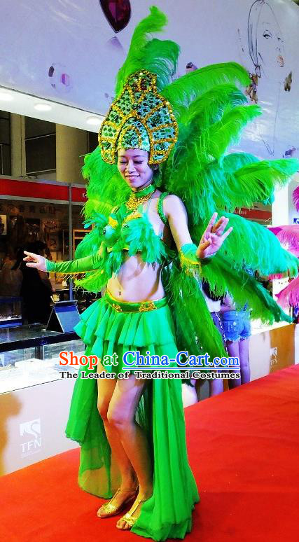 Brazilian Rio Carnival Samba Dance Costumes Catwalks Green Feather Wings Swimsuit and Headdress for Women