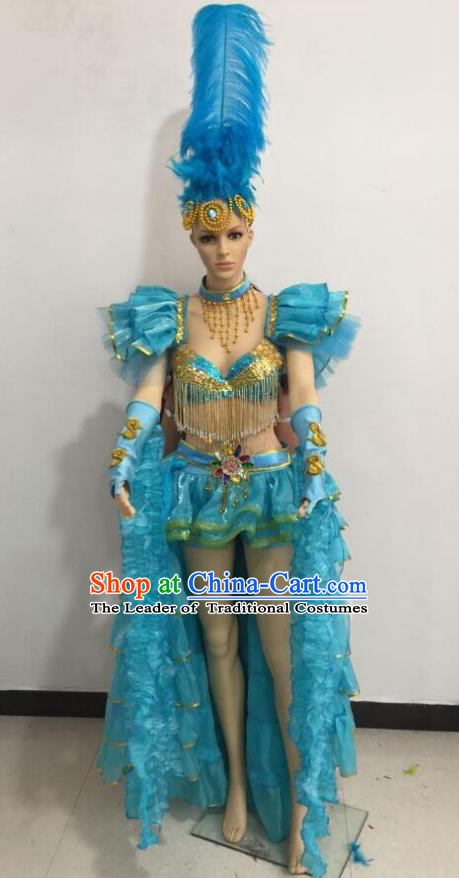 Brazilian Rio Carnival Samba Dance Costumes Catwalks Swimsuit and Blue Feather Headdress for Women