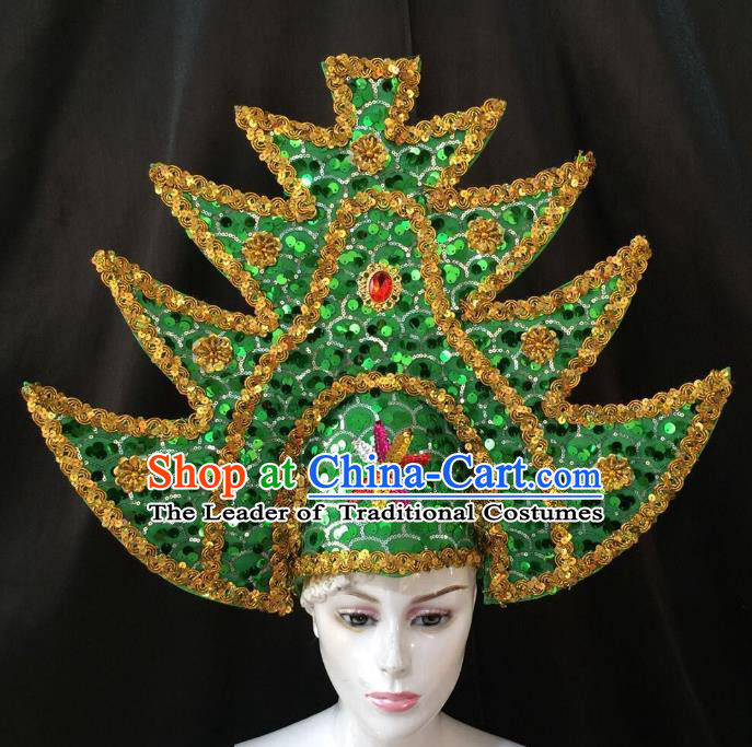 Professional Samba Dance Hair Accessories Brazilian Rio Carnival Green Sequins Headdress for Women