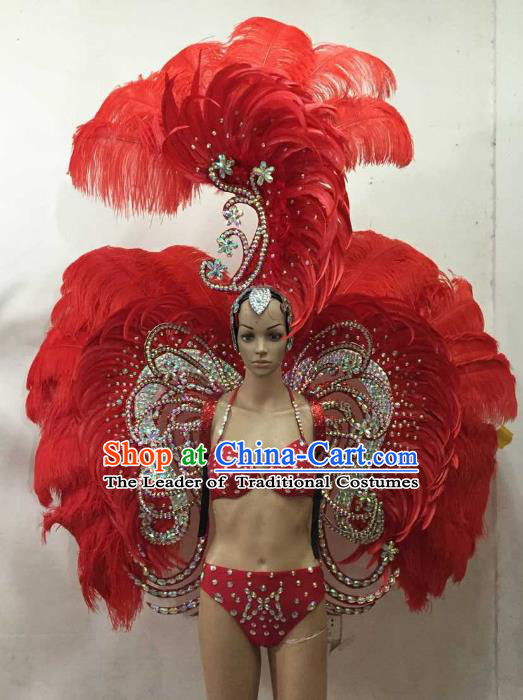 Brazilian Rio Carnival Samba Dance Costumes Catwalks Red Feather Wings Swimsuit and Headdress for Women