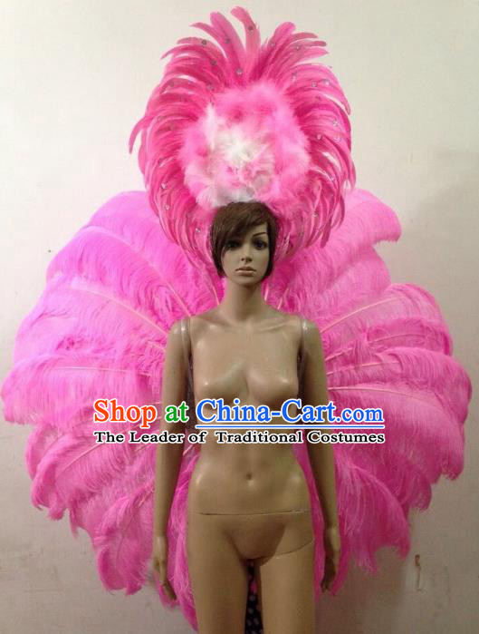 Customized Catwalks Props Brazilian Rio Carnival Samba Dance Pink Feather Deluxe Wings and Headwear for Women