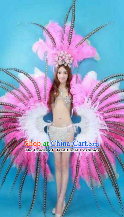 Brazilian Rio Carnival Samba Dance Costumes Catwalks Pink Feather Wings Swimsuit and Headdress for Women