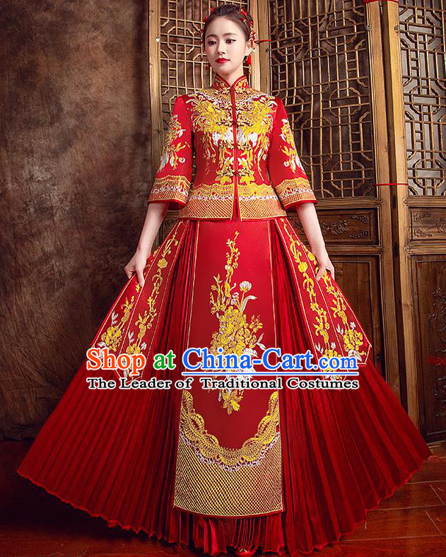 Traditional Chinese Bridal Costumes Ancient Bride Red Toast Clothing Wedding Embroidered Peony XiuHe Suit for Women