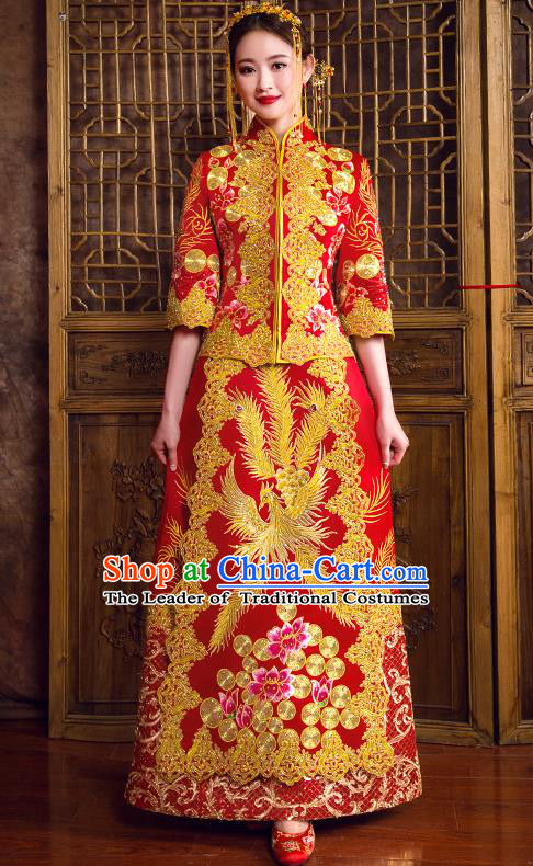 Traditional Chinese Bridal Costumes Ancient Bride Red Toast Clothing Wedding Embroidered Diamante Phoenix XiuHe Suit for Women