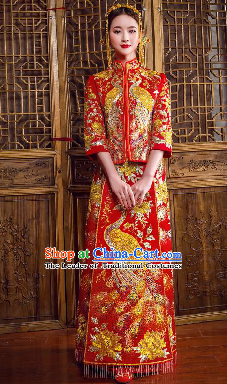 Traditional Chinese Bridal Costumes Ancient Bride Red Embroidered Longfeng Flown Wedding XiuHe Suit for Women