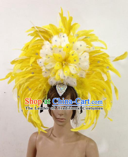 Professional Halloween Catwalks Samba Dance Yellow Feather Hair Accessories Brazilian Rio Carnival Headdress for Women