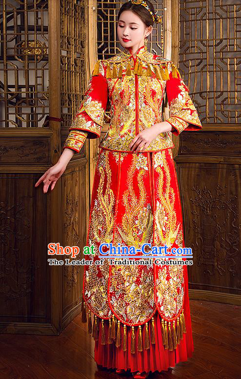 Traditional Chinese Female Wedding Costumes Ancient Embroidered Diamante Full Dress Red XiuHe Suit for Bride