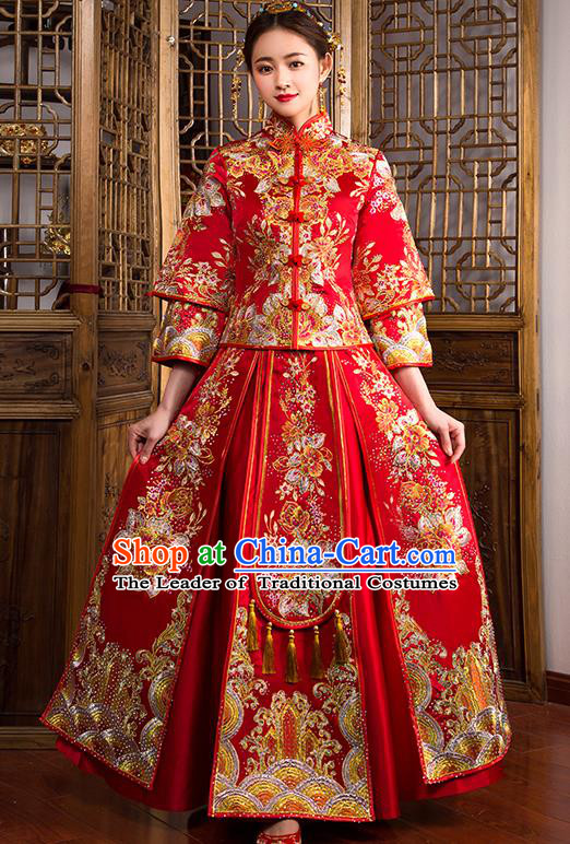 Traditional Chinese Female Wedding Costumes Ancient Embroidered Peony Diamante Full Dress Red XiuHe Suit for Bride