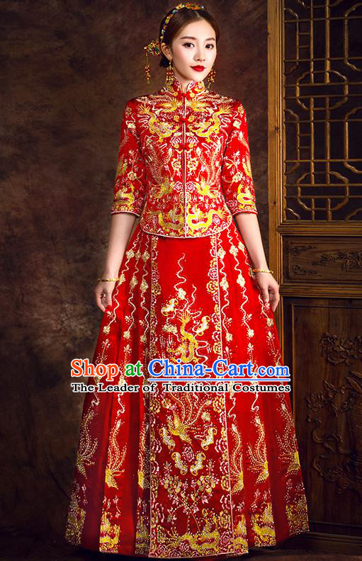 Traditional Chinese Female Wedding Costumes Ancient Embroidered Dragon Phoenix Full Dress Red XiuHe Suit for Bride