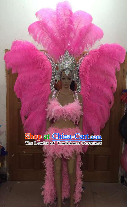 Brazilian Rio Carnival Samba Dance Pink Feather Costumes Catwalks Deluxe Wings Swimsuit and Headdress for Women