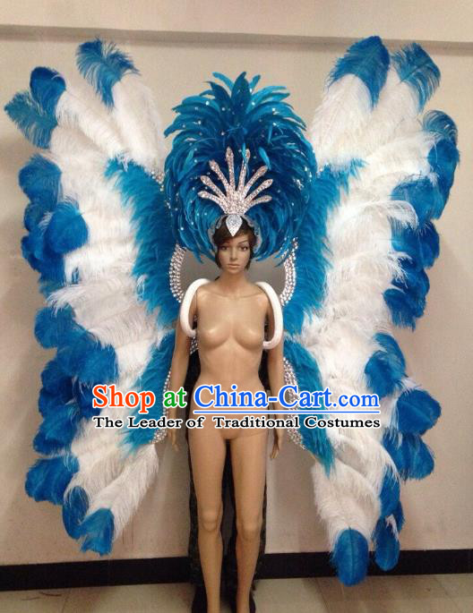 Customized Halloween Catwalks Props Brazilian Rio Carnival Samba Dance Blue and White Butterfly Feather Deluxe Wings and Headwear for Women