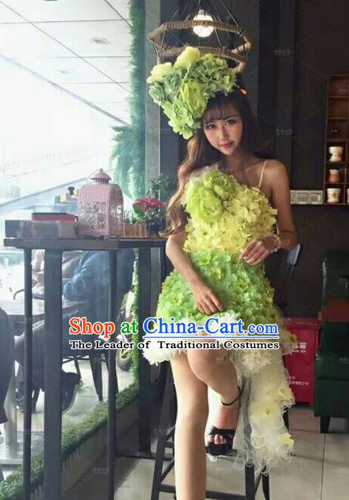 Top Grade Catwalks Costume Halloween Stage Performance Brazilian Carnival Green Flowers Dress for Women