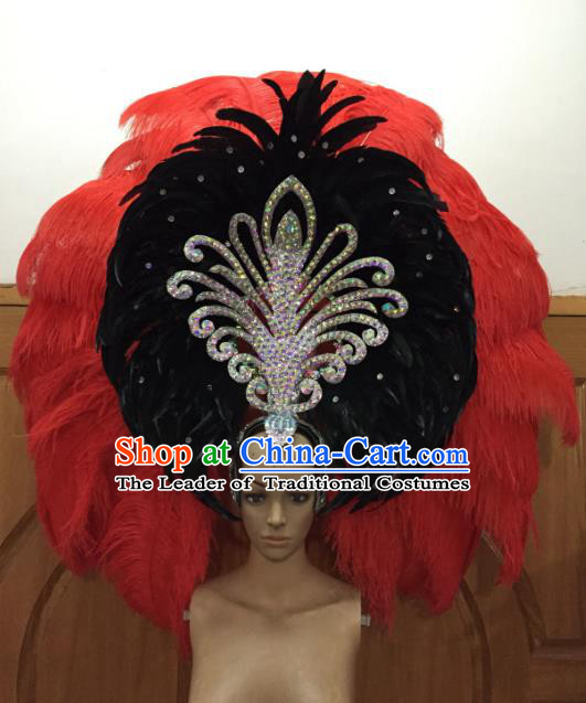 Professional Samba Dance Deluxe Hair Accessories Brazilian Rio Carnival Red and Black Feather Headdress for Women