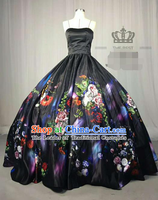 Top Grade Catwalks Printing Flowers Black Full Dress Costume Stage Performance Brazilian Carnival Clothing for Women