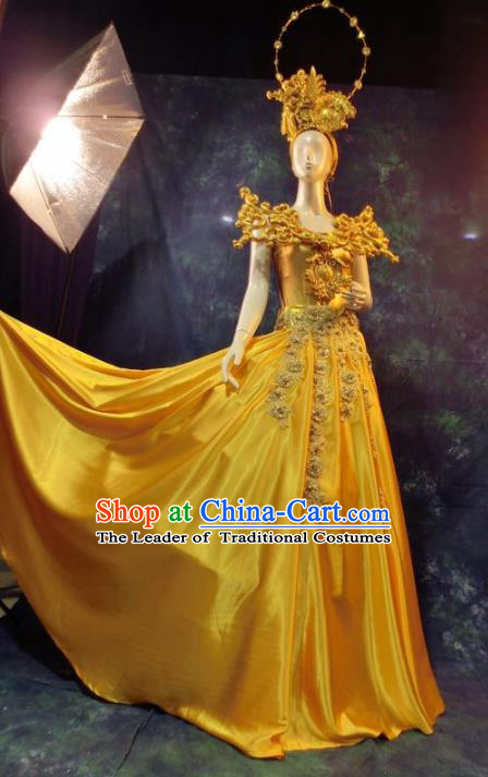 Top Grade Catwalks Golden Costume Yellow Dress Stage Performance Model Show Brazilian Carnival Clothing for Women