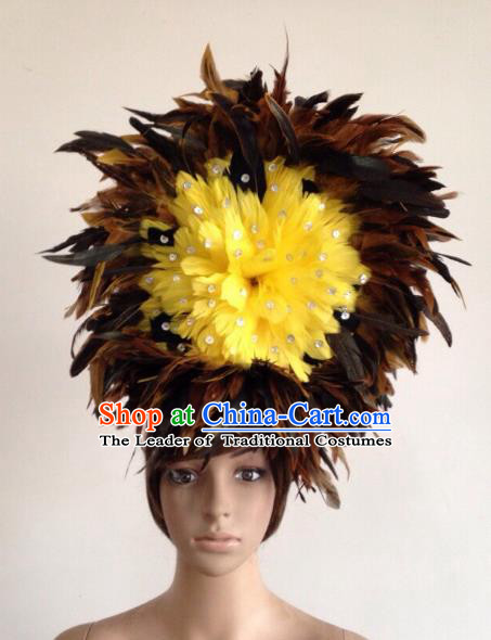 Professional Halloween Catwalks Hair Accessories Brazilian Rio Carnival Samba Dance Yellow Feather Headwear for Women