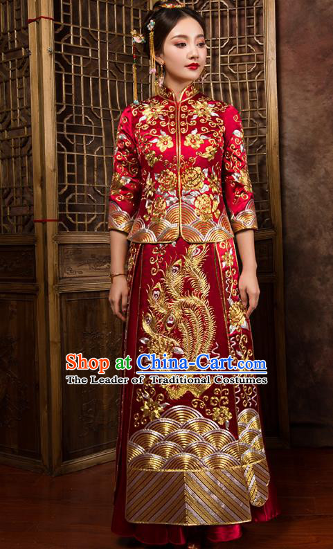 Chinese Traditional Wedding Dress Ancient Bride Embroidered Phoenix Red Xiuhe Suit for Women