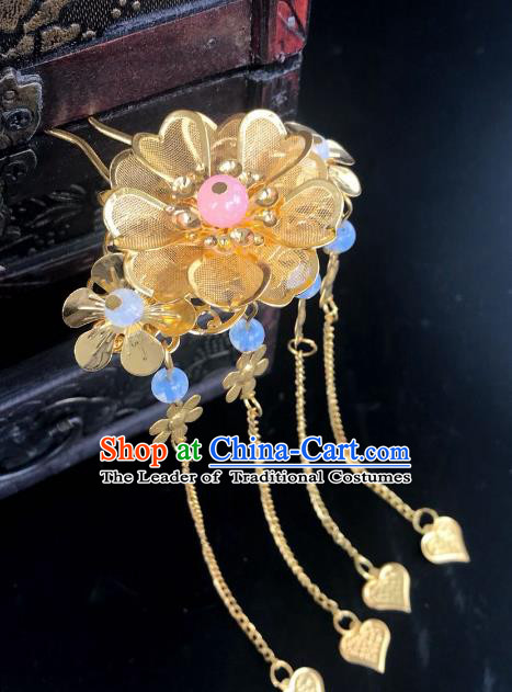 Chinese Traditional Hair Accessories Golden Flower Hair Clip Ancient Hanfu Tassel Hairpins for Women