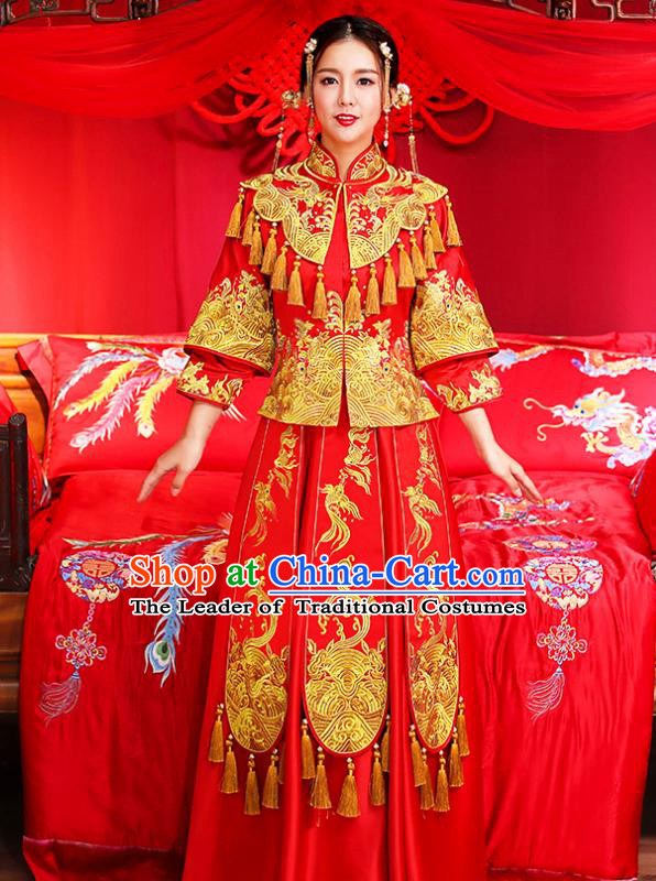 Traditional Chinese Female Wedding Costumes Ancient Embroidered Red Bottom Drawer XiuHe Suit for Bride