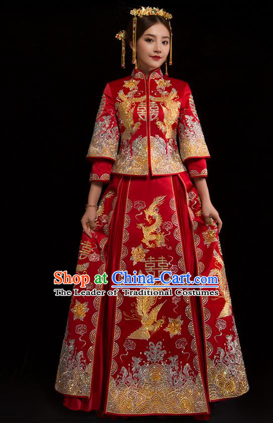 Traditional Chinese XiuHe Suit Wedding Costumes Embroidered Dragon Phoenix Full Dress Ancient Bottom Drawer for Bride