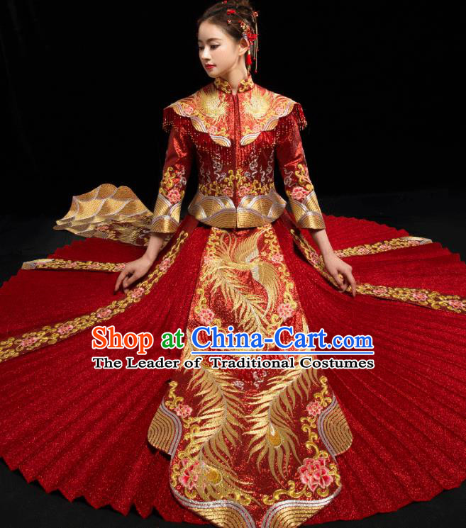 Traditional Chinese Embroidered Diamante Trailing XiuHe Suit Wedding Costumes Full Dress Ancient Bottom Drawer for Bride