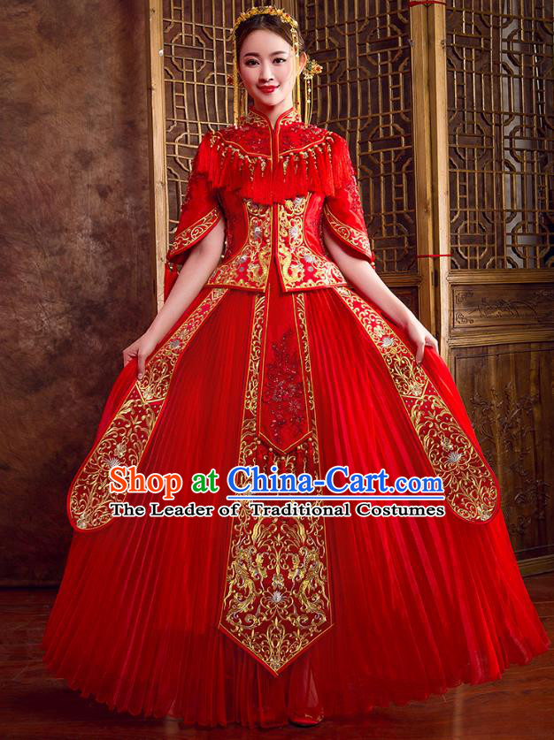 Traditional Chinese Embroidered Diamante Red XiuHe Suit Wedding Costumes Full Dress Ancient Bottom Drawer for Bride