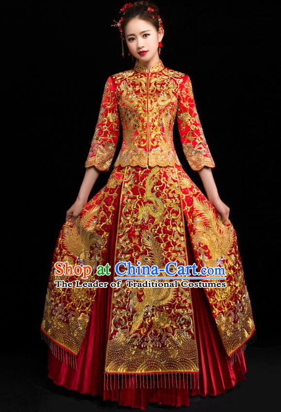 Traditional Chinese Embroidered Dragon Phoenix Diamante Red XiuHe Suit Wedding Costumes Full Dress Ancient Bottom Drawer for Bride