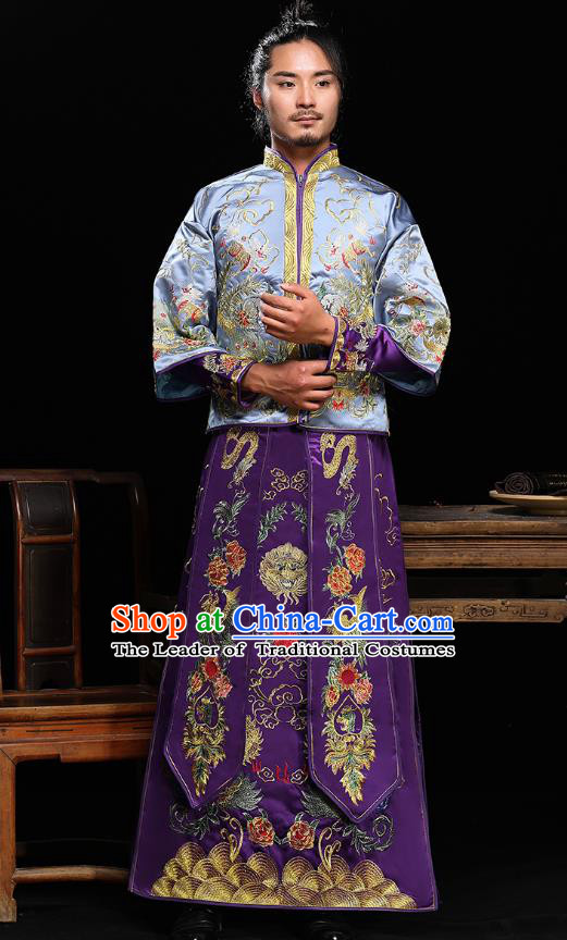 Traditional Ancient Chinese Wedding Purple Costumes Bridegroom Embroidered Tang Suit for Men