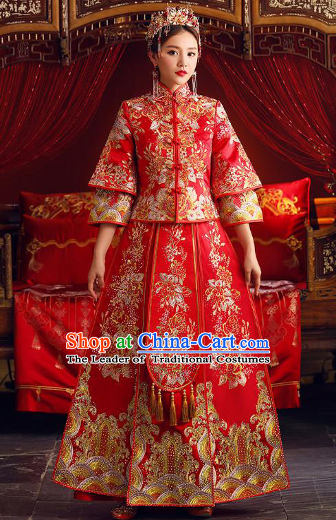 Chinese Ancient Bride Formal Dresses Embroidered Peony XiuHe Suit Traditional Wedding Costumes for Women