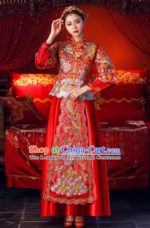 Chinese Ancient Traditional Wedding Costumes Bride Formal Dresses Embroidered Toast Cheongsam XiuHe Suit for Women