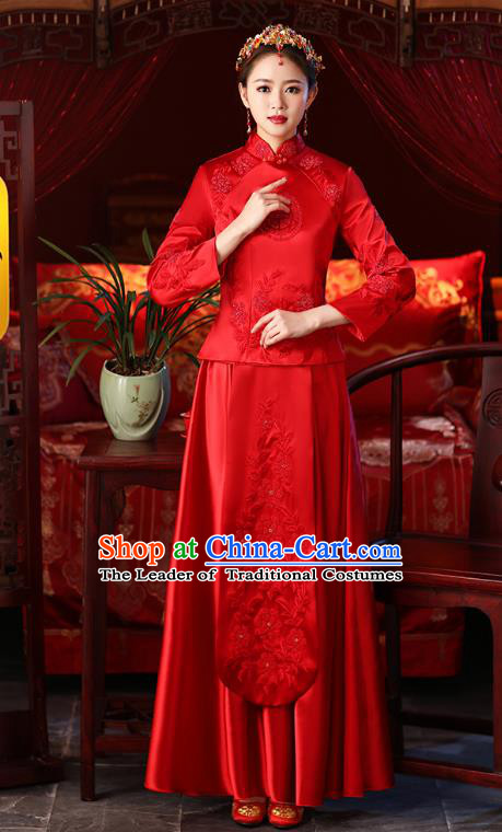 Chinese Ancient Embroidered Wedding Costumes Bride Red Formal Dresses XiuHe Suit for Women